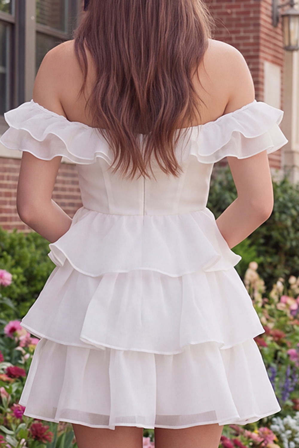 White Off the Shoulder Short A Line Graduation Dress with Ruffles