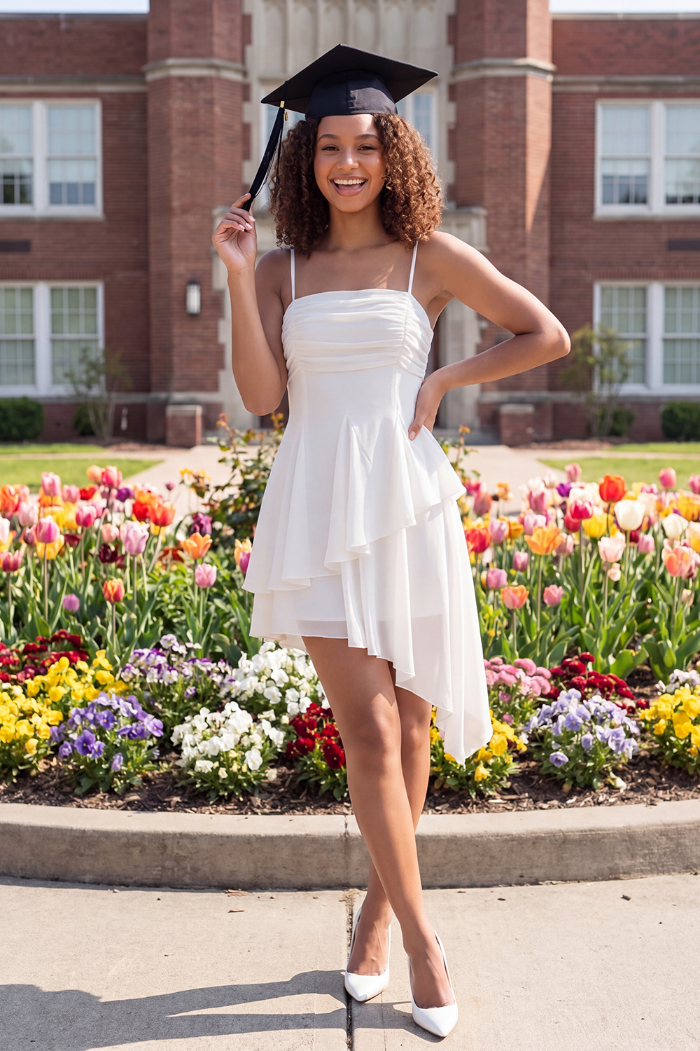 White A Line Ruched Spaghetti Straps Asymmetrical Graduation Dress with Ruffles