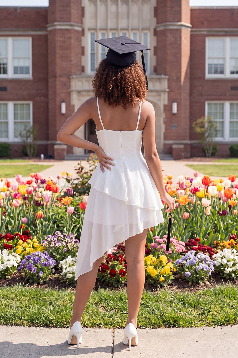 White A Line Ruched Spaghetti Straps Asymmetrical Graduation Dress with Ruffles