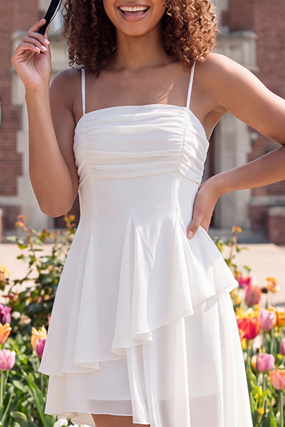 White A Line Ruched Spaghetti Straps Asymmetrical Graduation Dress with Ruffles