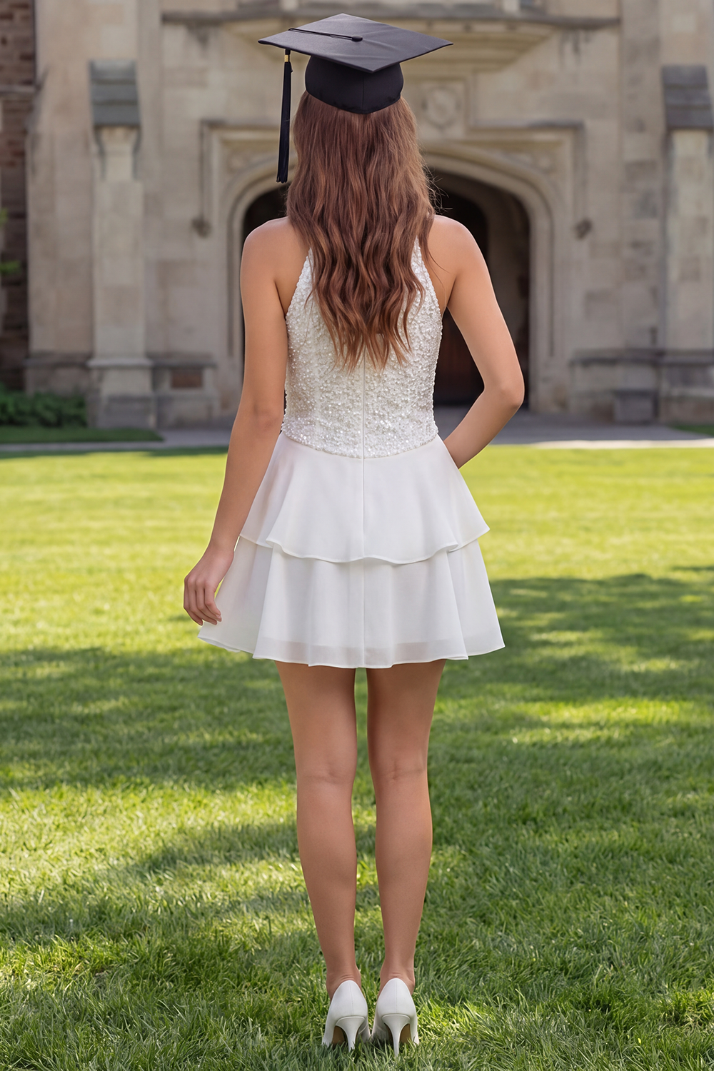 Sparkly White A Line High Neck Short Sequin Graduation Dress with Ruffles