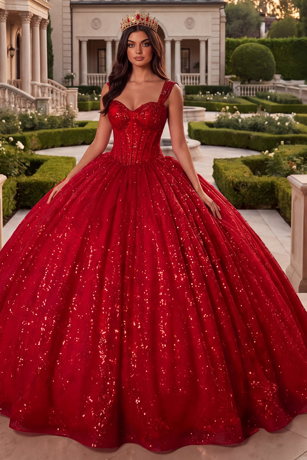 Sparkly Red Corset Sequin Princess Long Thick Straps Quinceanera Dress