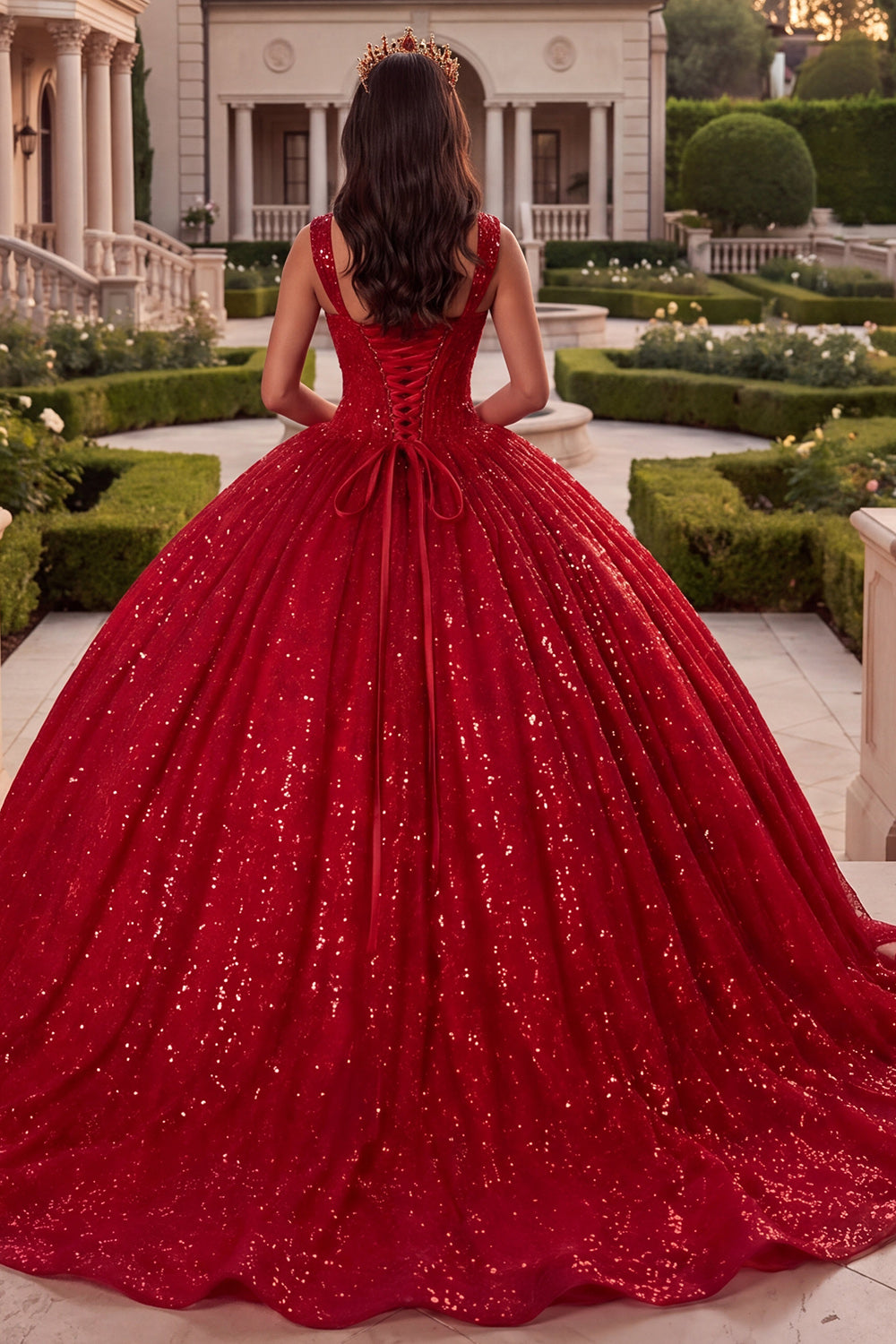 Sparkly Red Corset Sequin Princess Long Thick Straps Quinceanera Dress