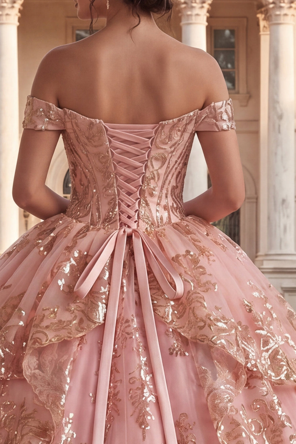 Sparkly Princess Sequin Ruched Pink Long Off the Shoulder Quinceanera Dress
