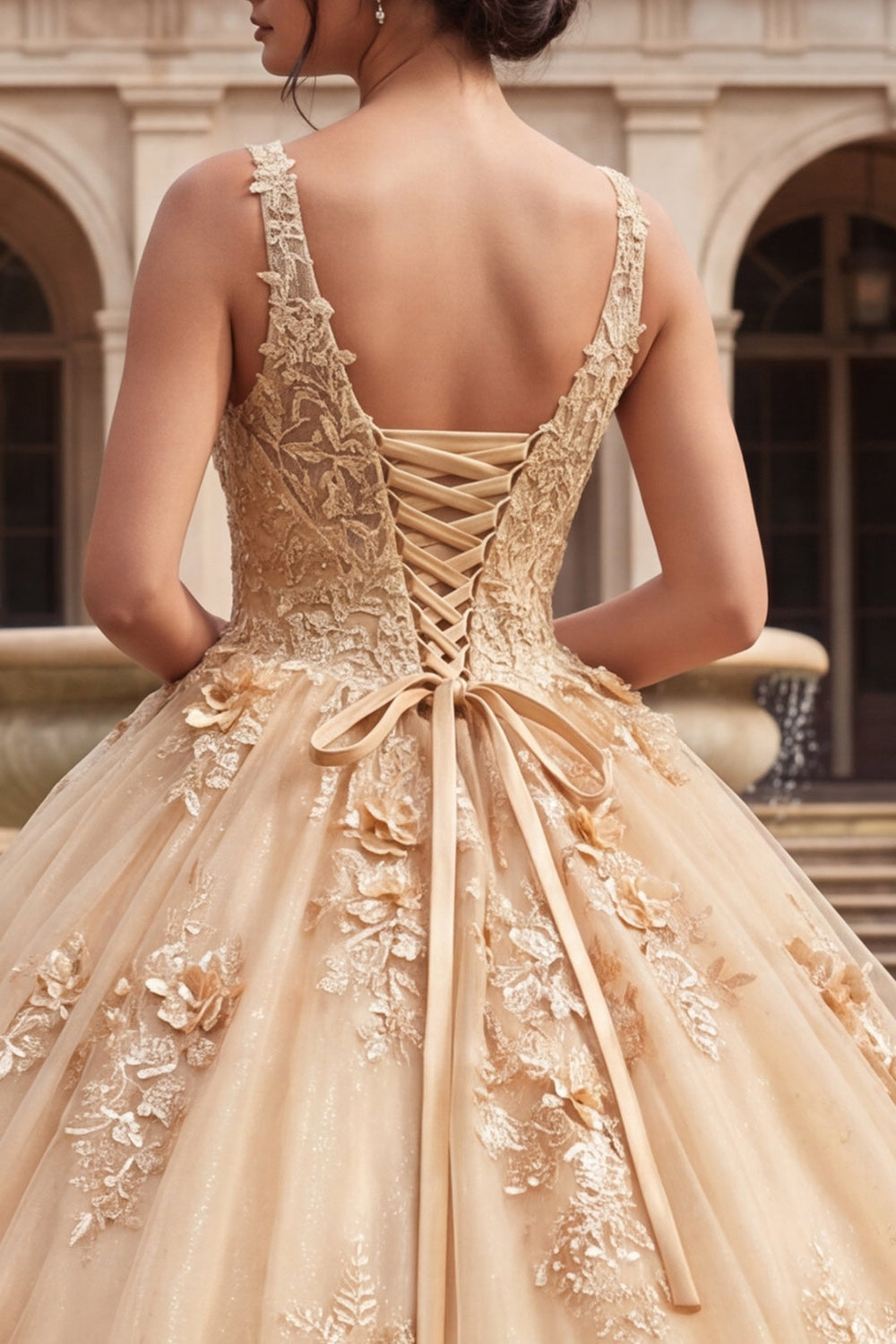 Glitter V-Neck Champagne Floral Princess Long Quinceanera Dress