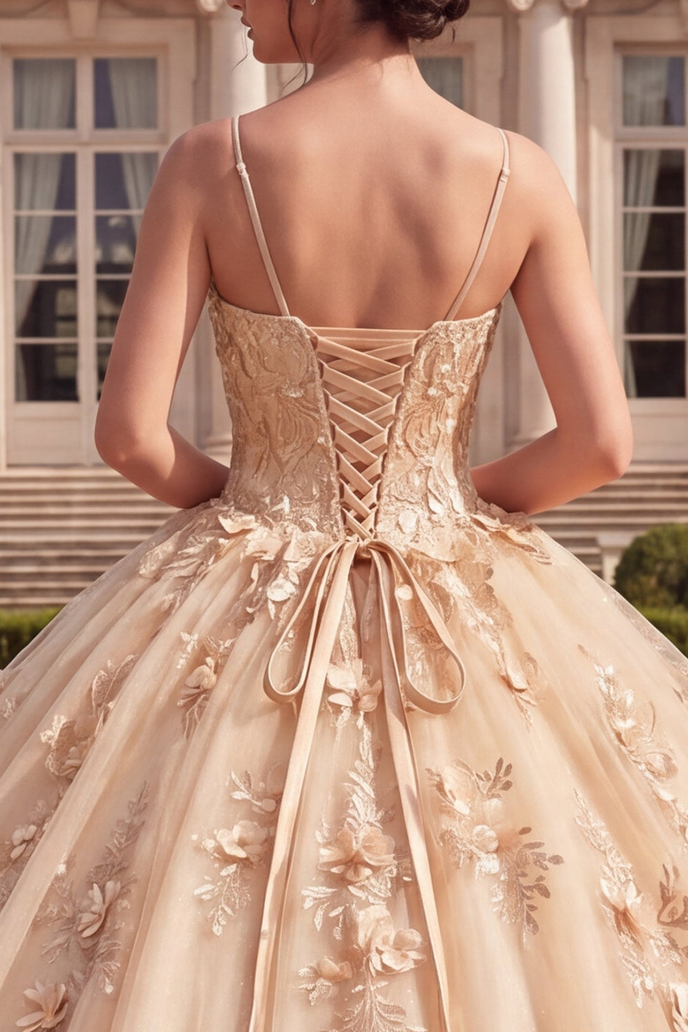 Champagne Corset Spaghetti Straps Floral Glitter Princess Long Quinceanera Dress