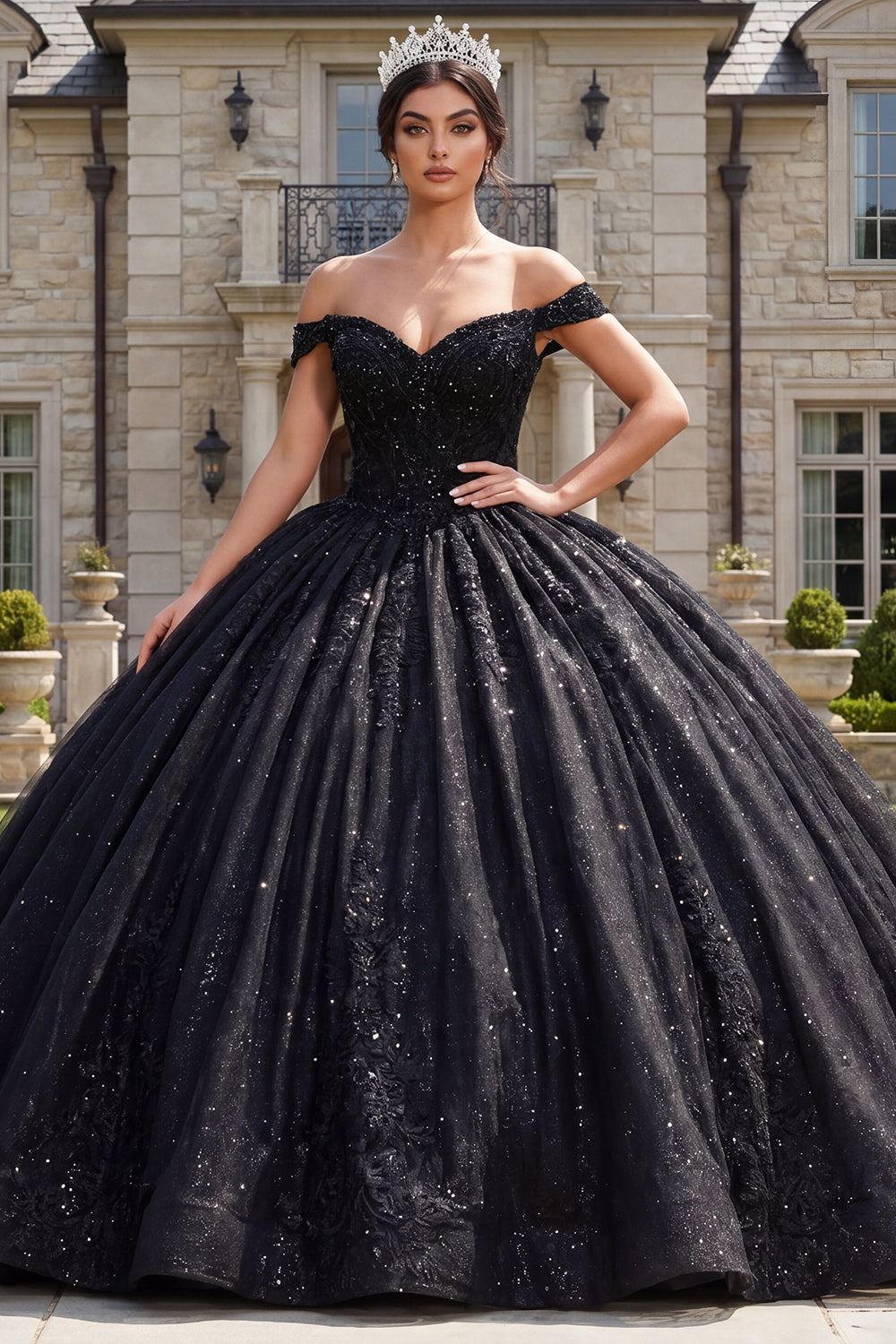 Sparkly Black Off the Shoulder Princess Long Quinceanera Dress with Beading