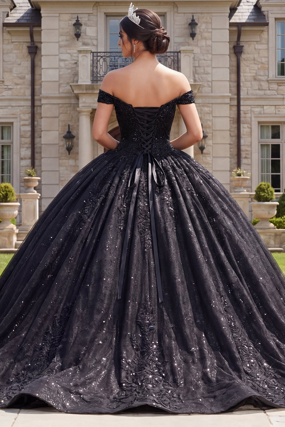 Sparkly Black Off the Shoulder Princess Long Quinceanera Dress with Beading