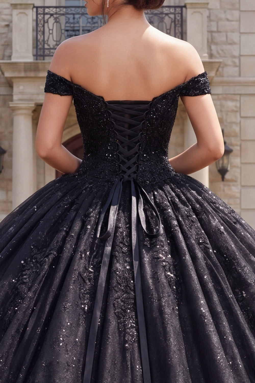 Sparkly Black Off the Shoulder Princess Long Quinceanera Dress with Beading