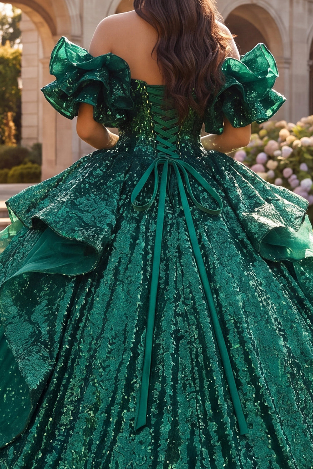 Sparkly Dark Green Sequin Princess Long Quinceanera Dress with Ruffles