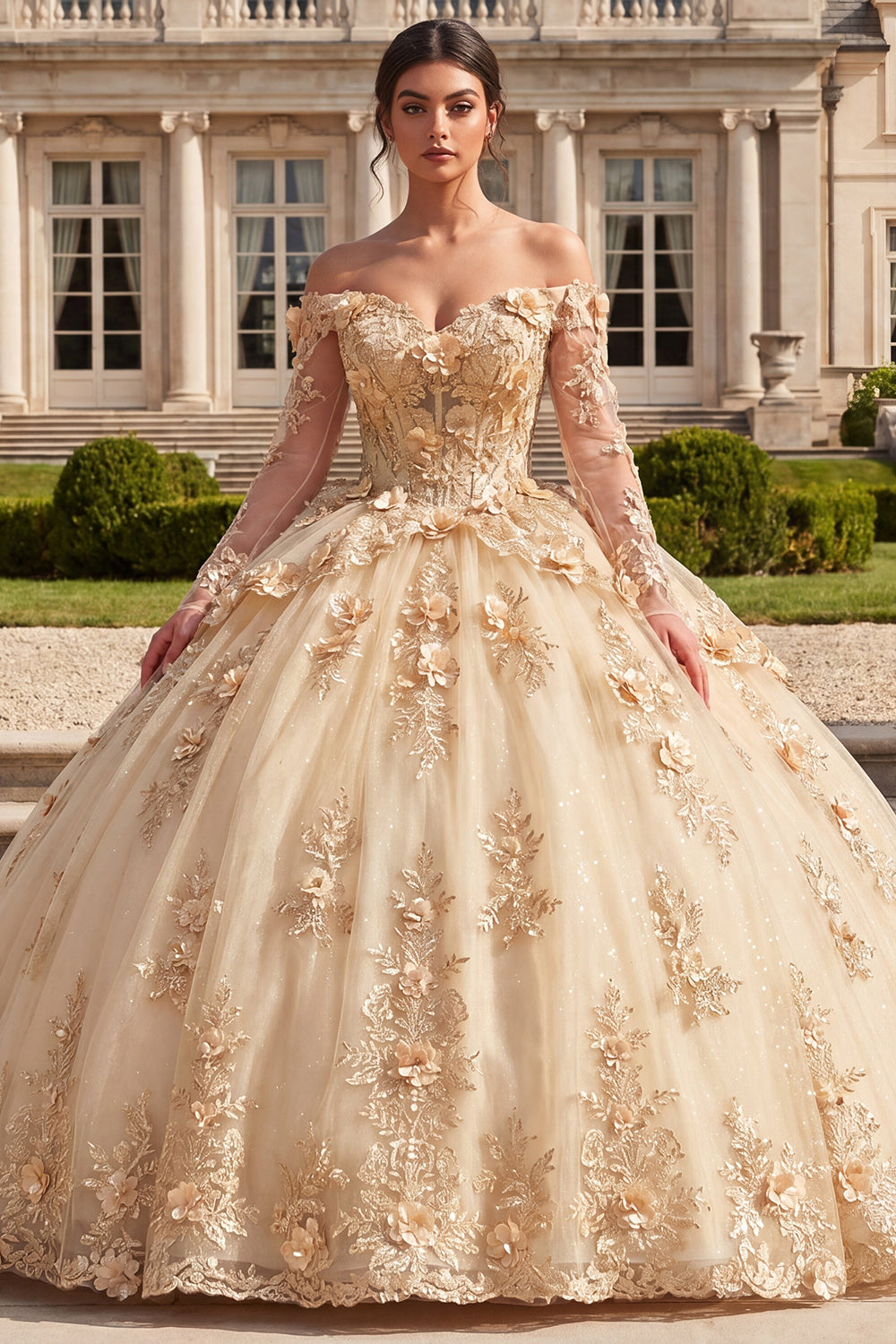 Champagne Long Sleeves Corset Floral Glitter Princess Long Quinceanera Dress
