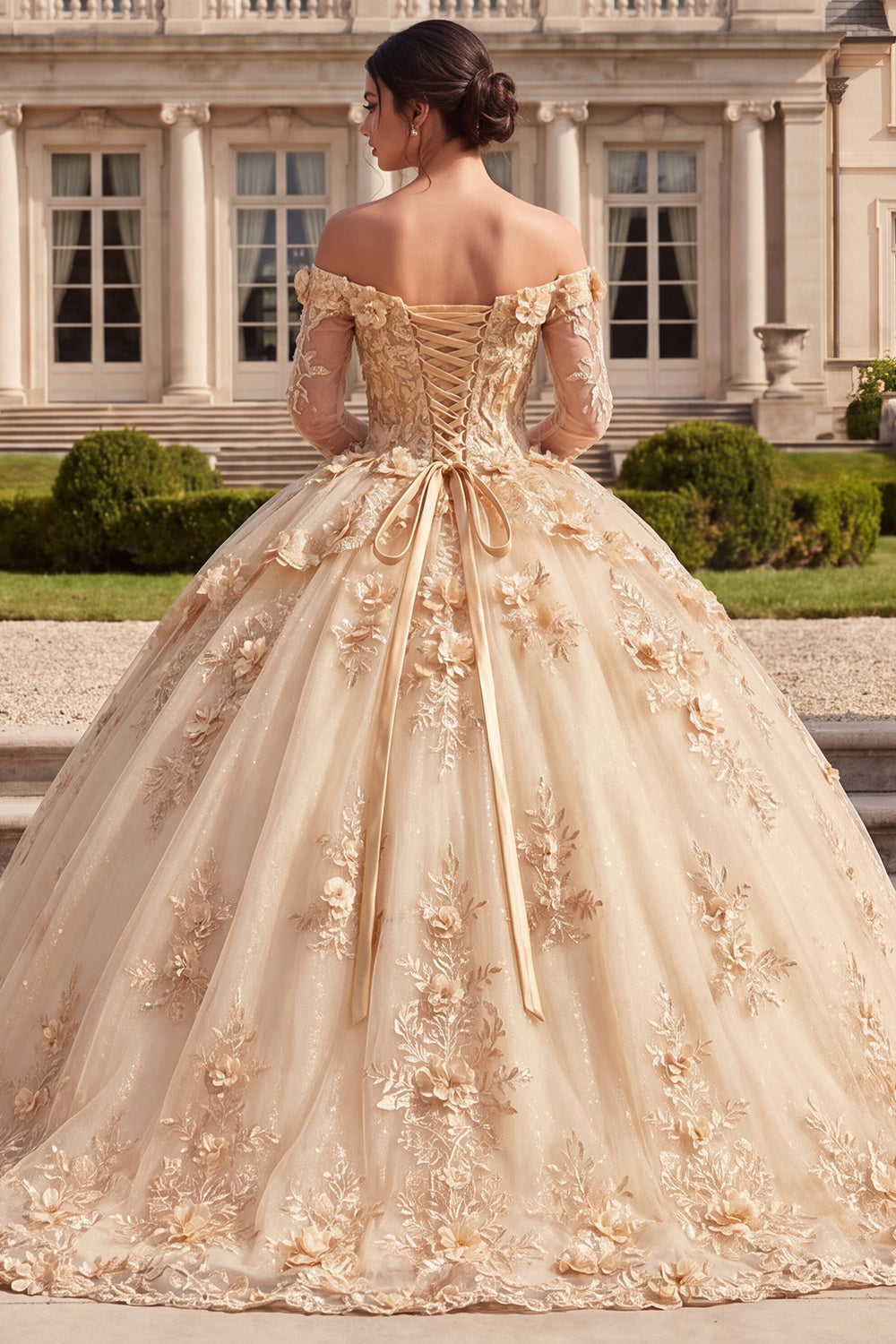 Champagne Long Sleeves Corset Floral Glitter Princess Long Quinceanera Dress