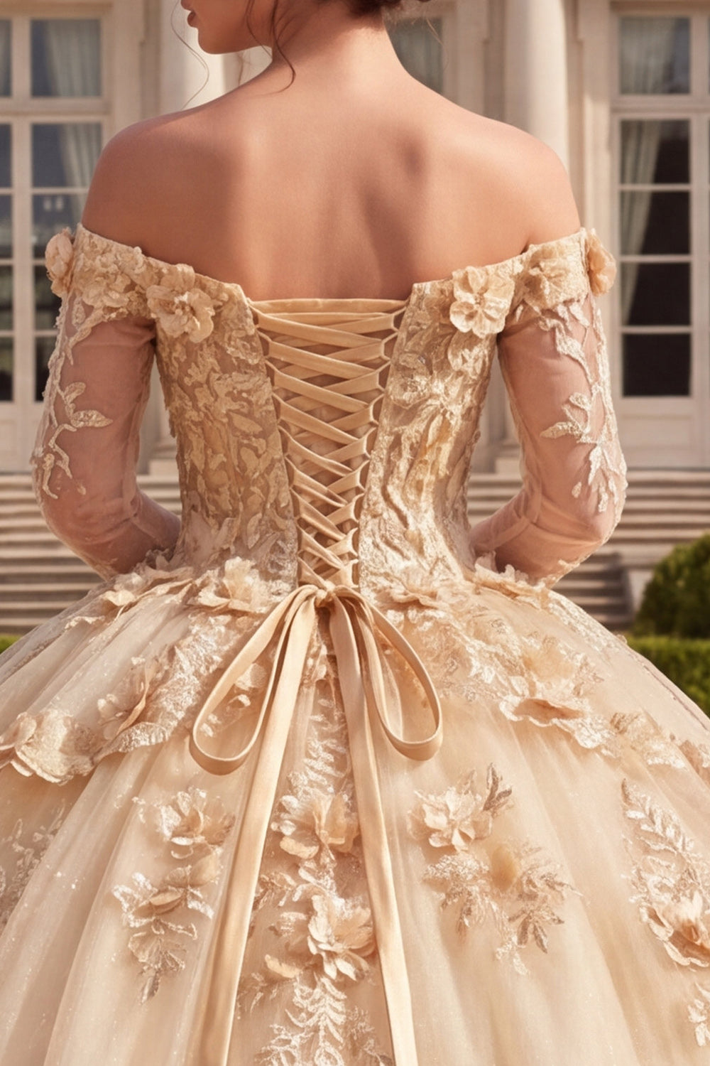 Champagne Long Sleeves Corset Floral Glitter Princess Long Quinceanera Dress