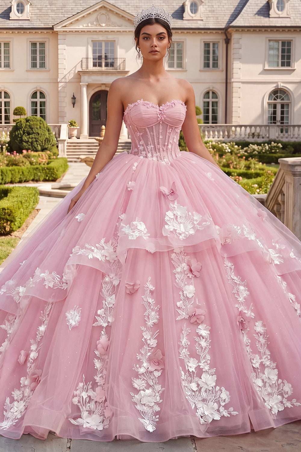 Pink Long Floral Corset Princess Quinceanera Dress with Ruffles