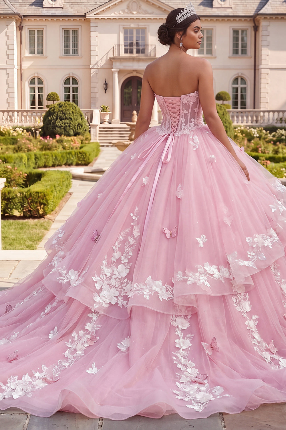 Pink Long Floral Corset Princess Quinceanera Dress with Ruffles