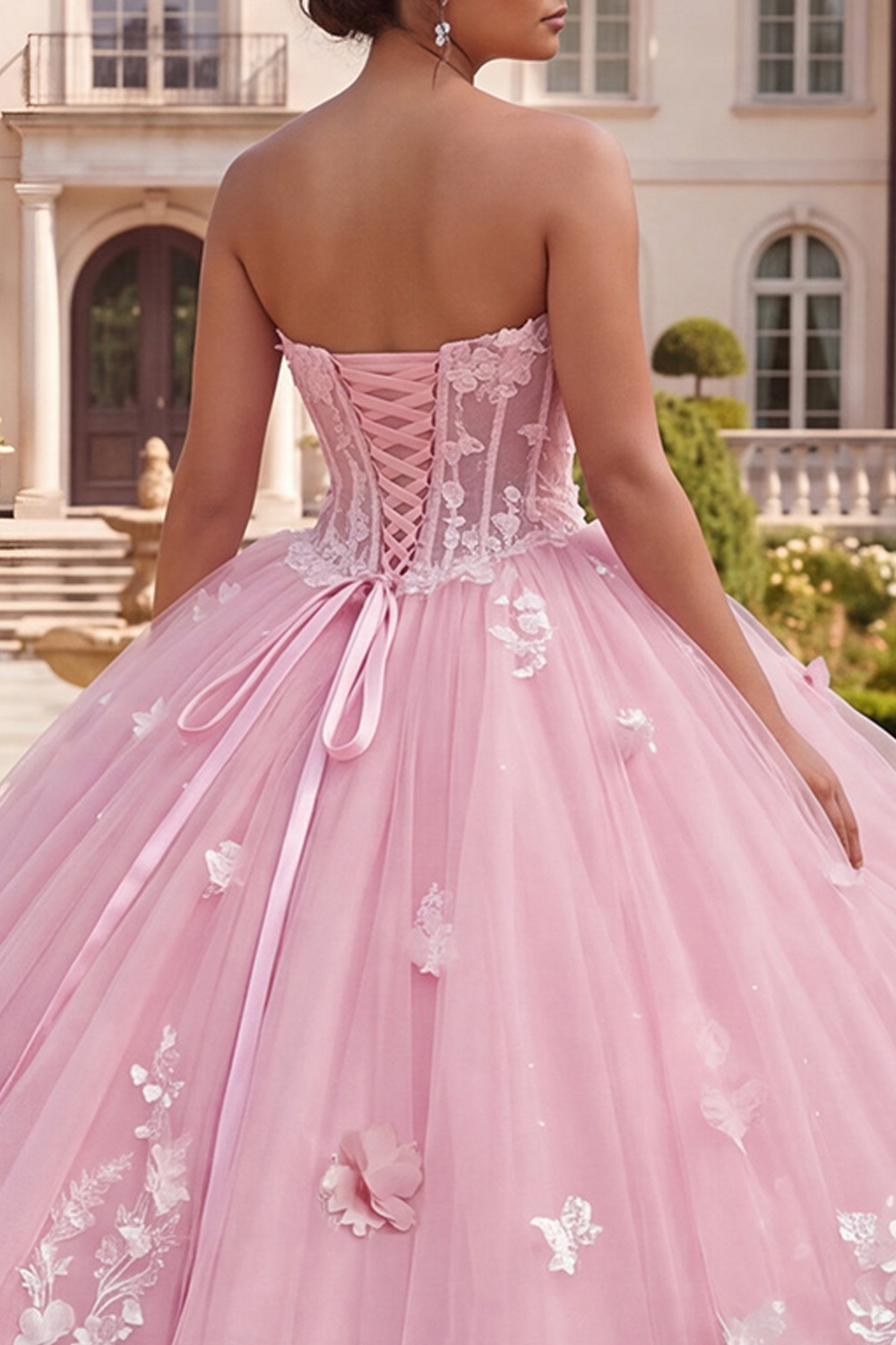 Pink Long Floral Corset Princess Quinceanera Dress with Ruffles