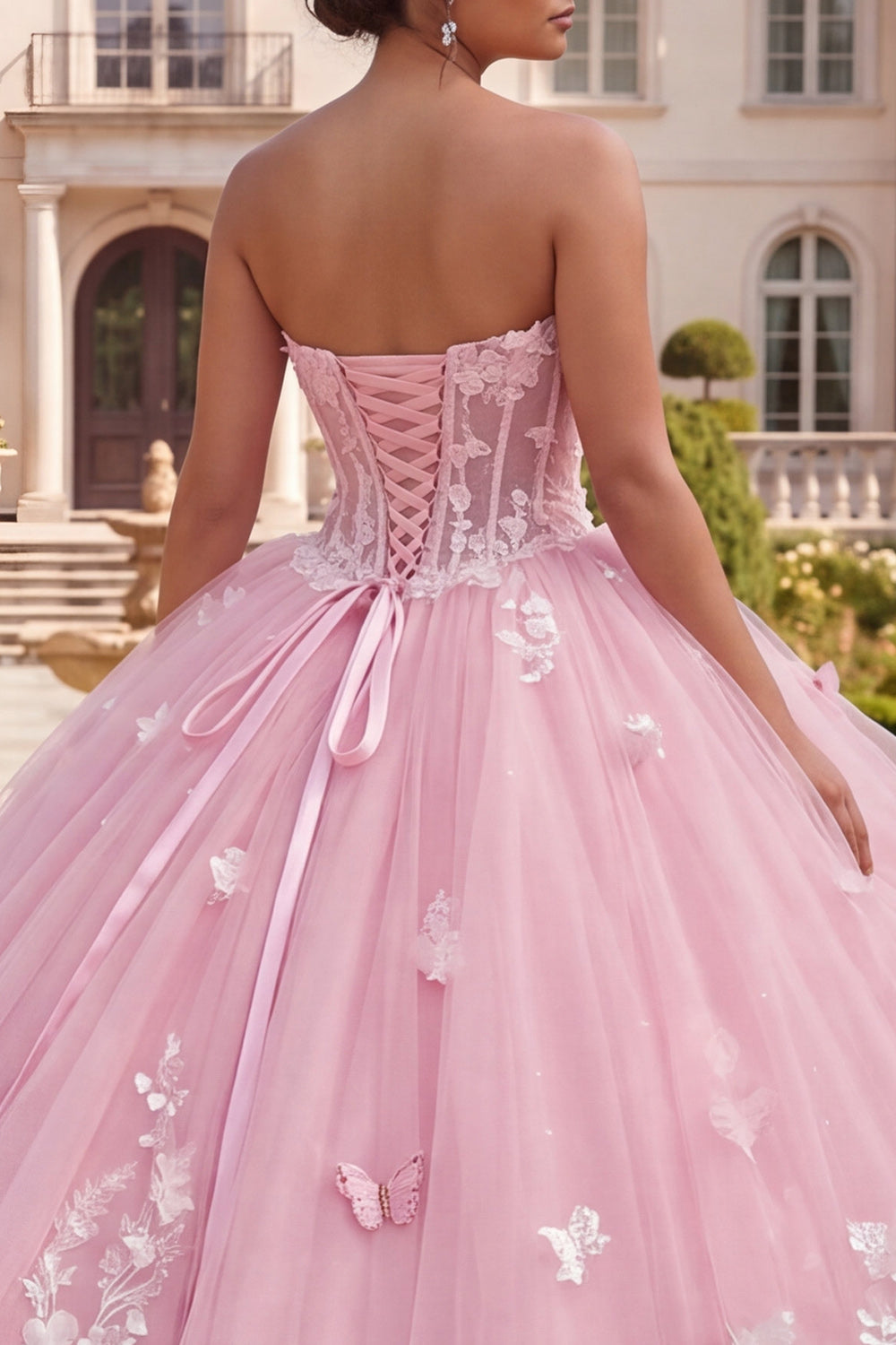 Pink Long Floral Corset Princess Quinceanera Dress with Ruffles