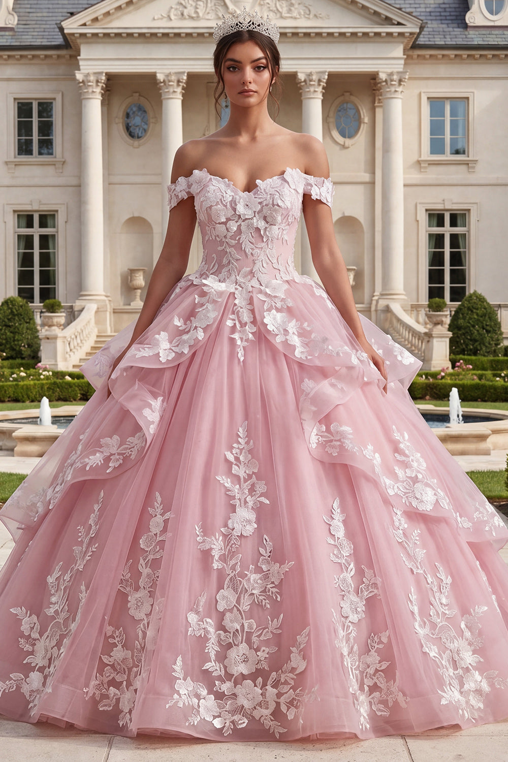Pink Floral Off the Shoulder Princess Long Quinceanera Dress with Ruffles