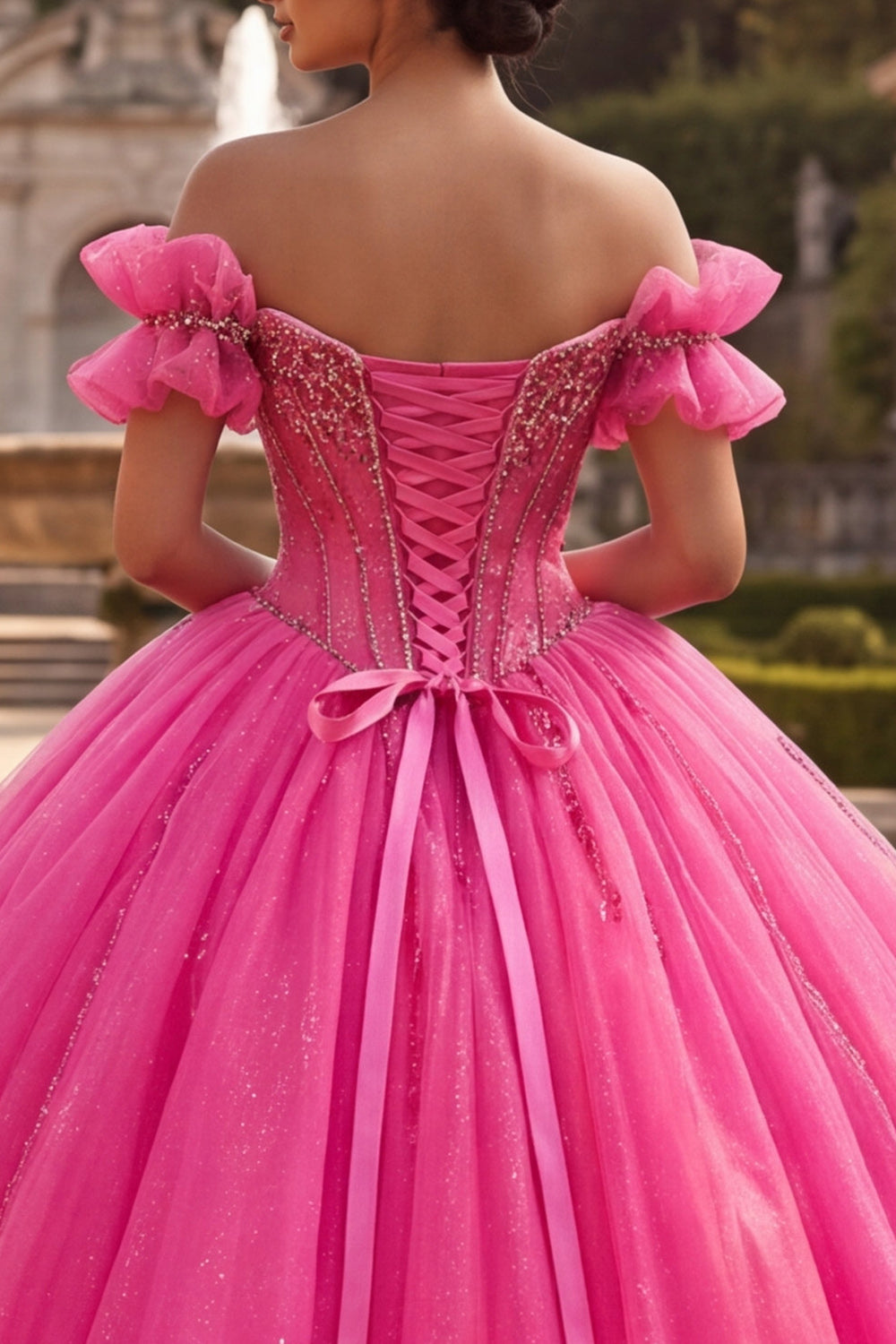 Sparkly Fuchsia Long Corset Off the Shoulder Beaded Princess Quinceanera Dress