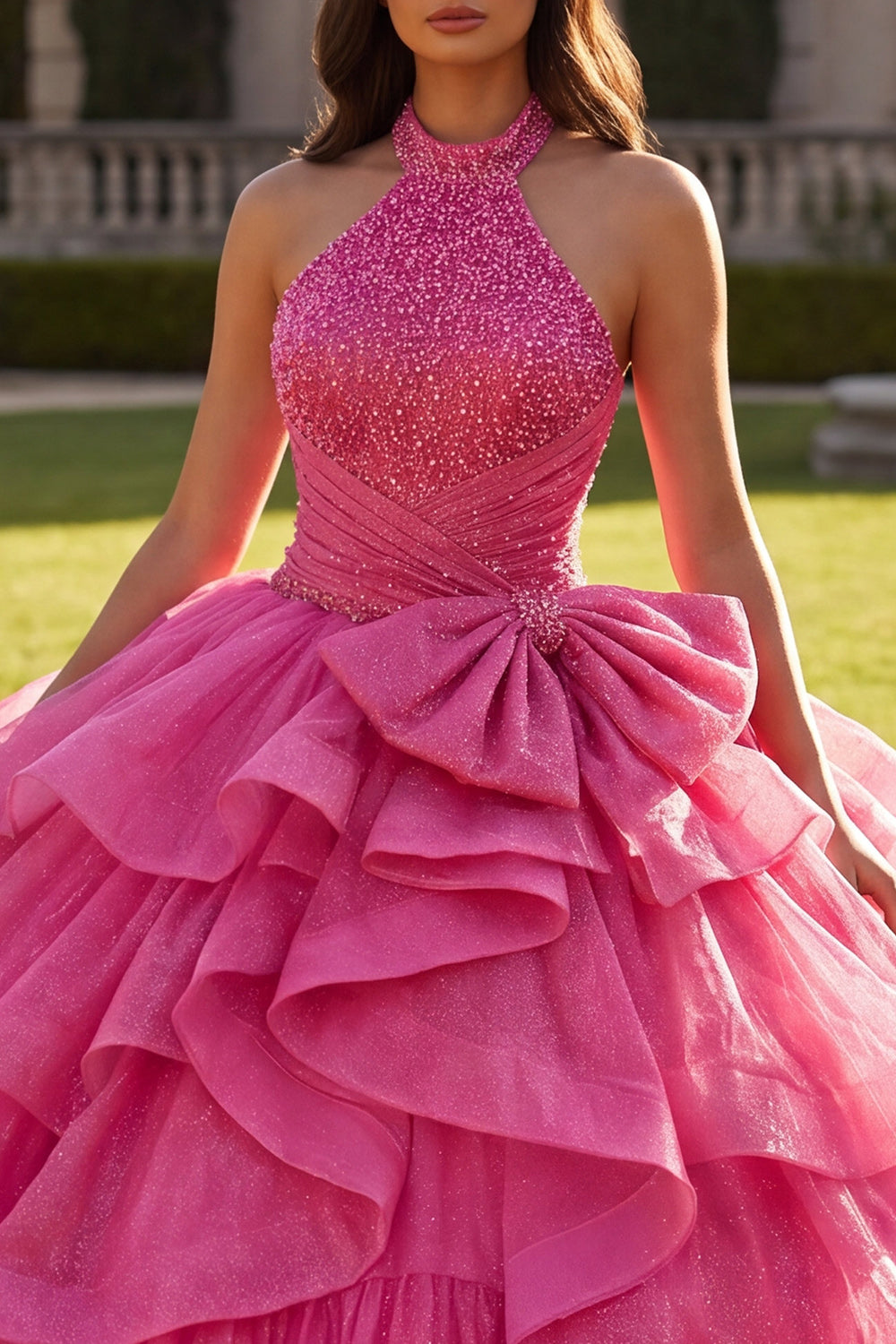Sparkly Fuchsia Halter Princess Long Ruched Beaded Quinceanera Dress with Ruffles