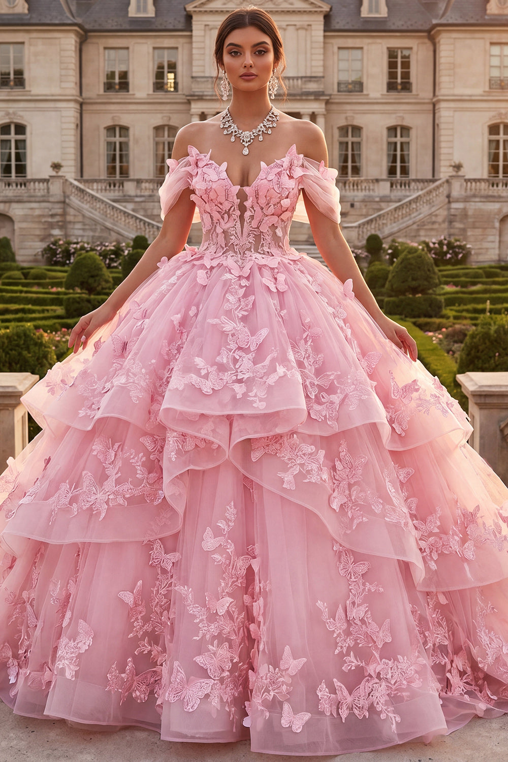 Pink Off the Shoulder Butterflies Princess Long Quinceanera Dress with Ruffles