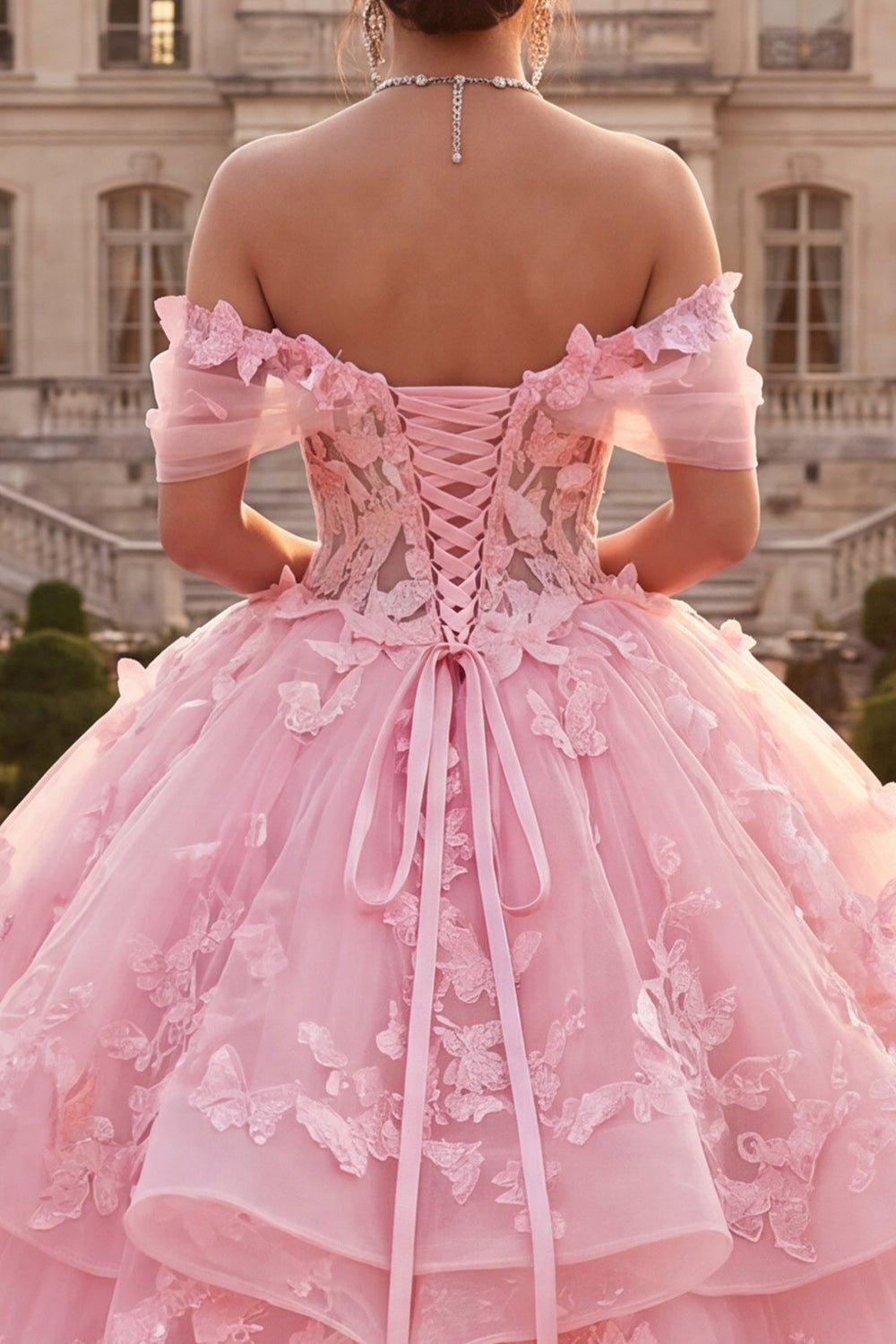 Pink Off the Shoulder Butterflies Princess Long Quinceanera Dress with Ruffles