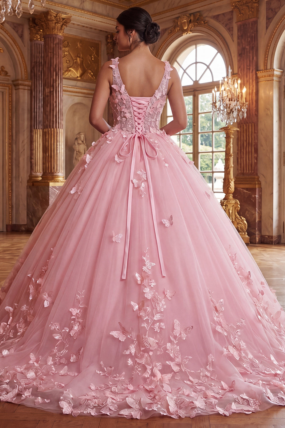 Pink V-Neck Corset Long Princess Quinceanera Dress with Butterflies