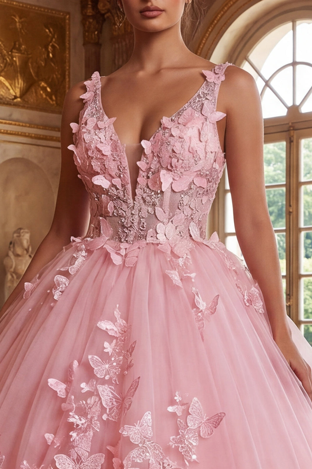 Pink V-Neck Corset Long Princess Quinceanera Dress with Butterflies