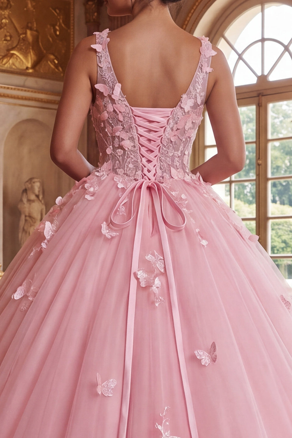 Pink V-Neck Corset Long Princess Quinceanera Dress with Butterflies