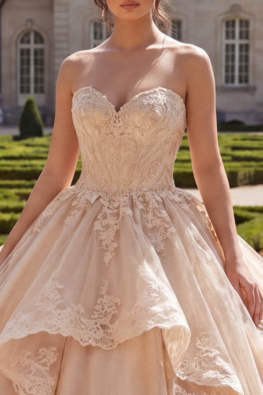 Champagne Glitter Strapless Princess Long Quinceanera Dress with Ruffles
