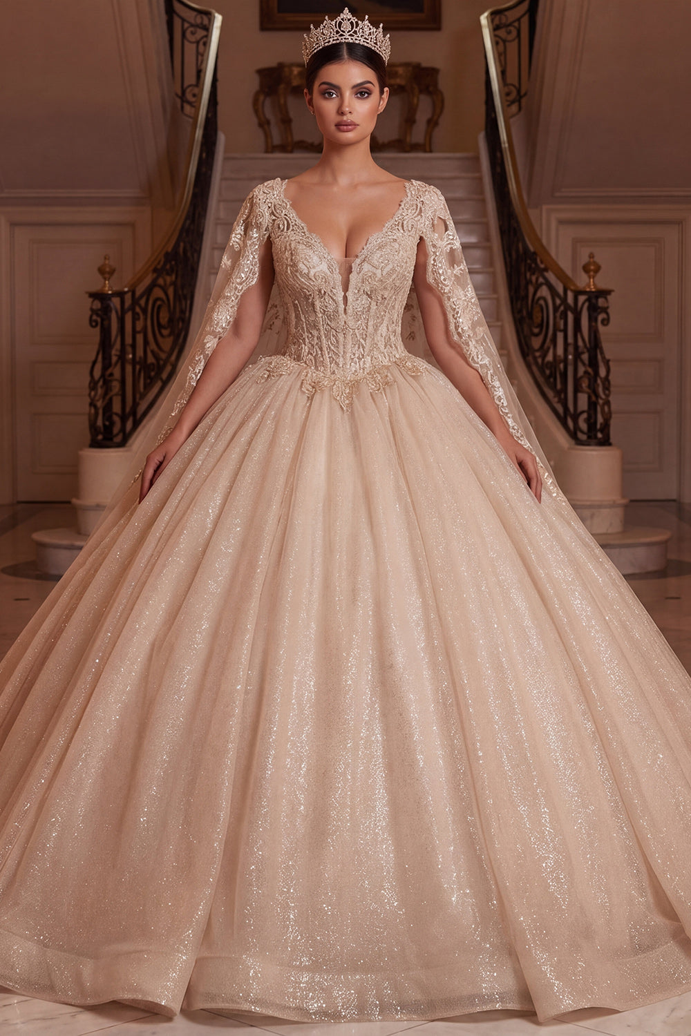 Champagne Glitter V-Neck Corset Princess Long Quinceanera Dress with Cape