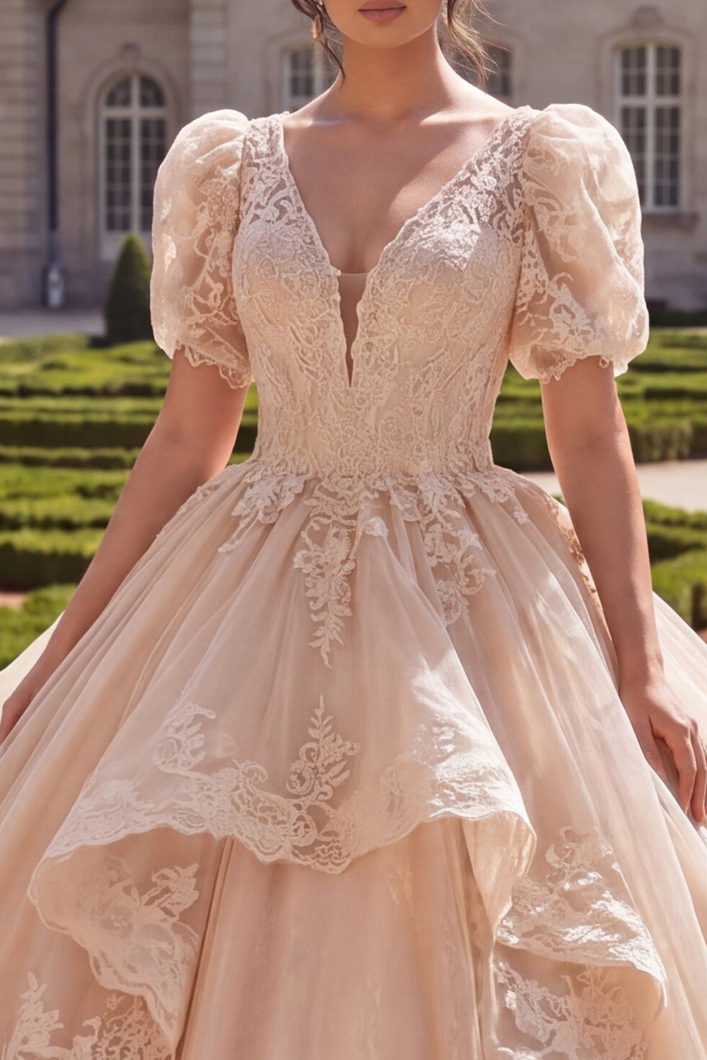 Glitter Champagne V-Neck Princess Long Quinceanera Dress with Ruffles