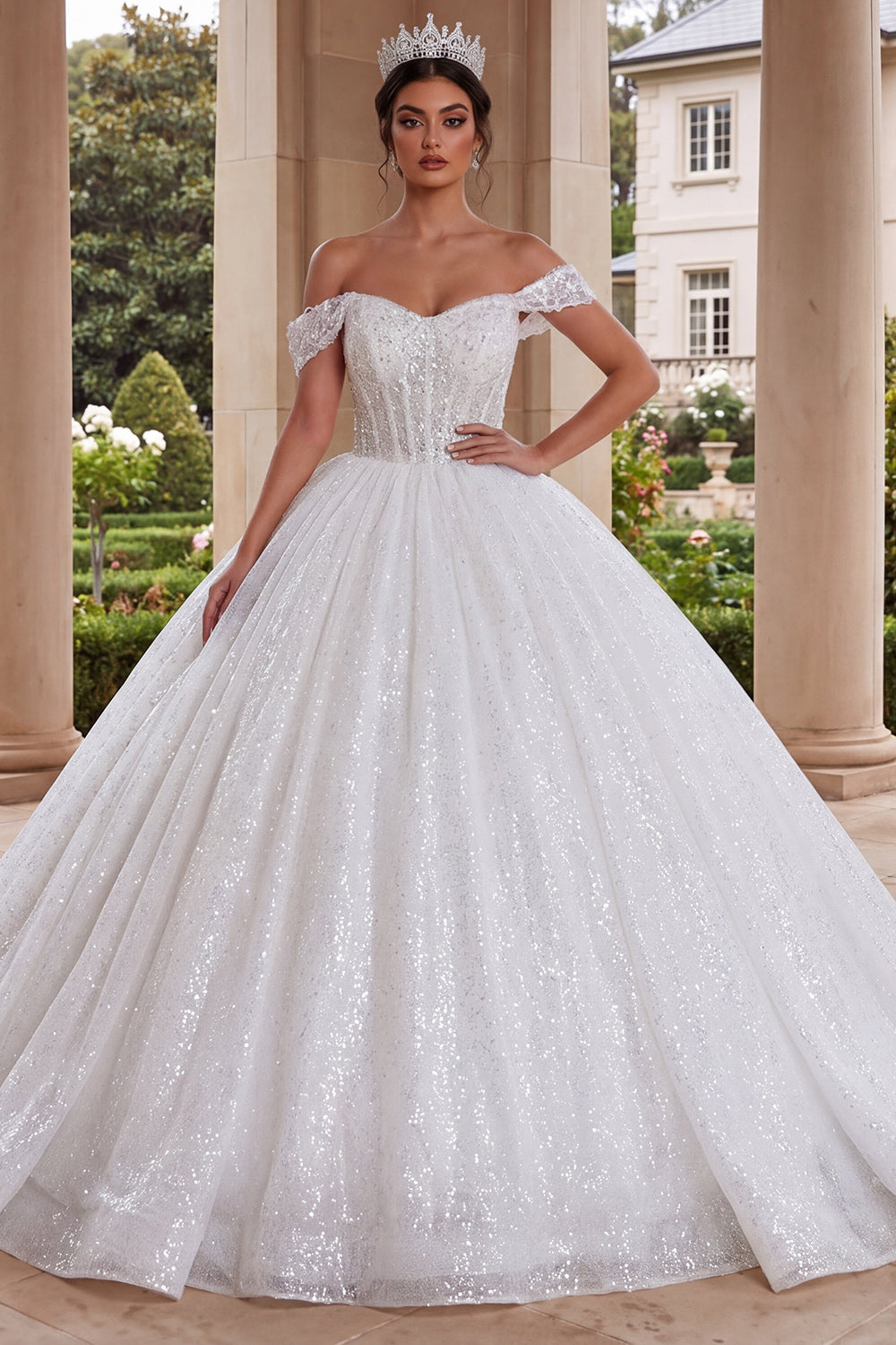 Sparkly White Off the Shoulder Ball Gown Long Quinceanera Dress with Beading