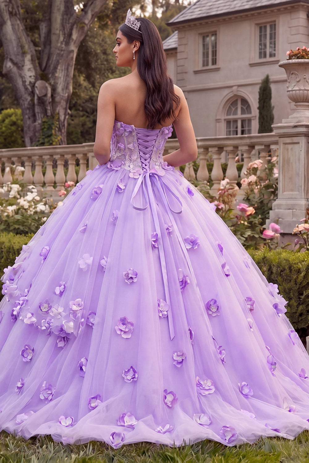 Lilac Corset Long Floral Strapless Princess Quinceanera Dress