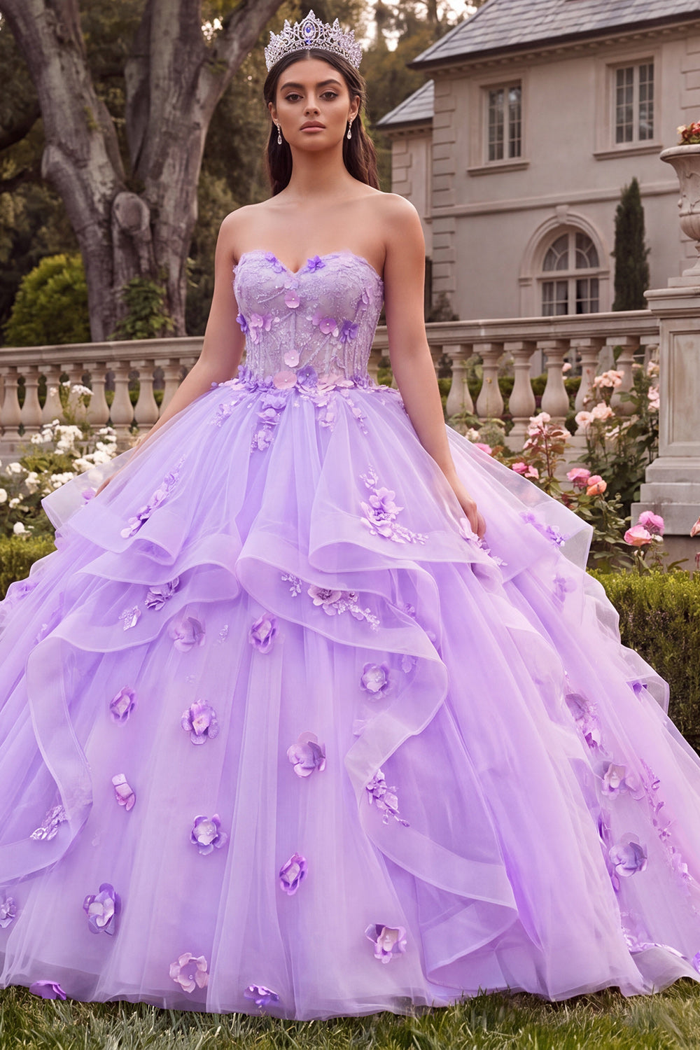 Lilac Long Floral Princess Strapless Corset Quinceanera Dress with Ruffles