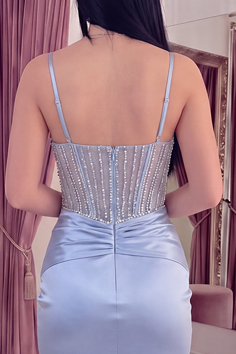Sparkly Grey Blue Tight Corset Short Ruched Homecoming Dress with Beading
