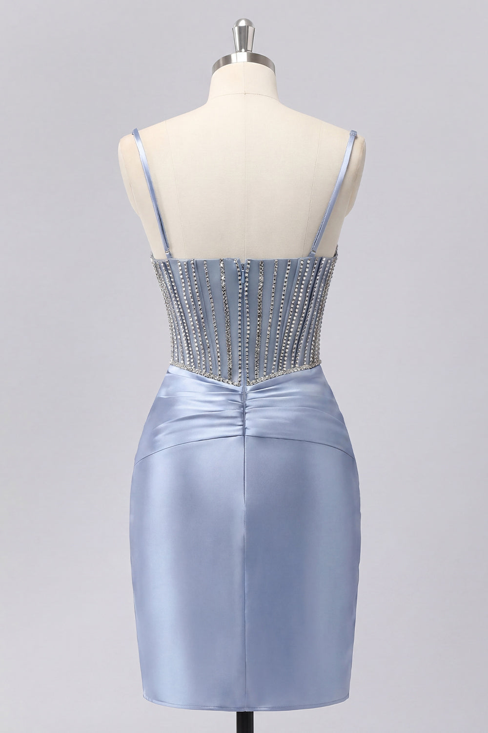 Sparkly Grey Blue Tight Corset Short Ruched Homecoming Dress with Beading