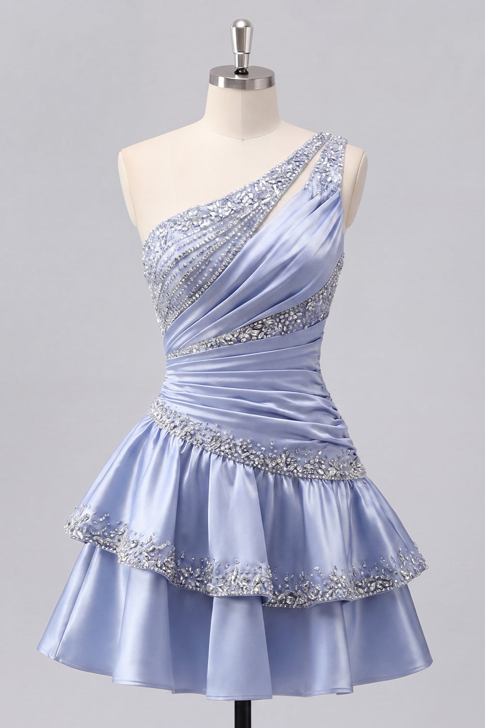 A Line Sparkly Grey Blue Rhinestones Short Ruched Homecoming Dress with Ruffles
