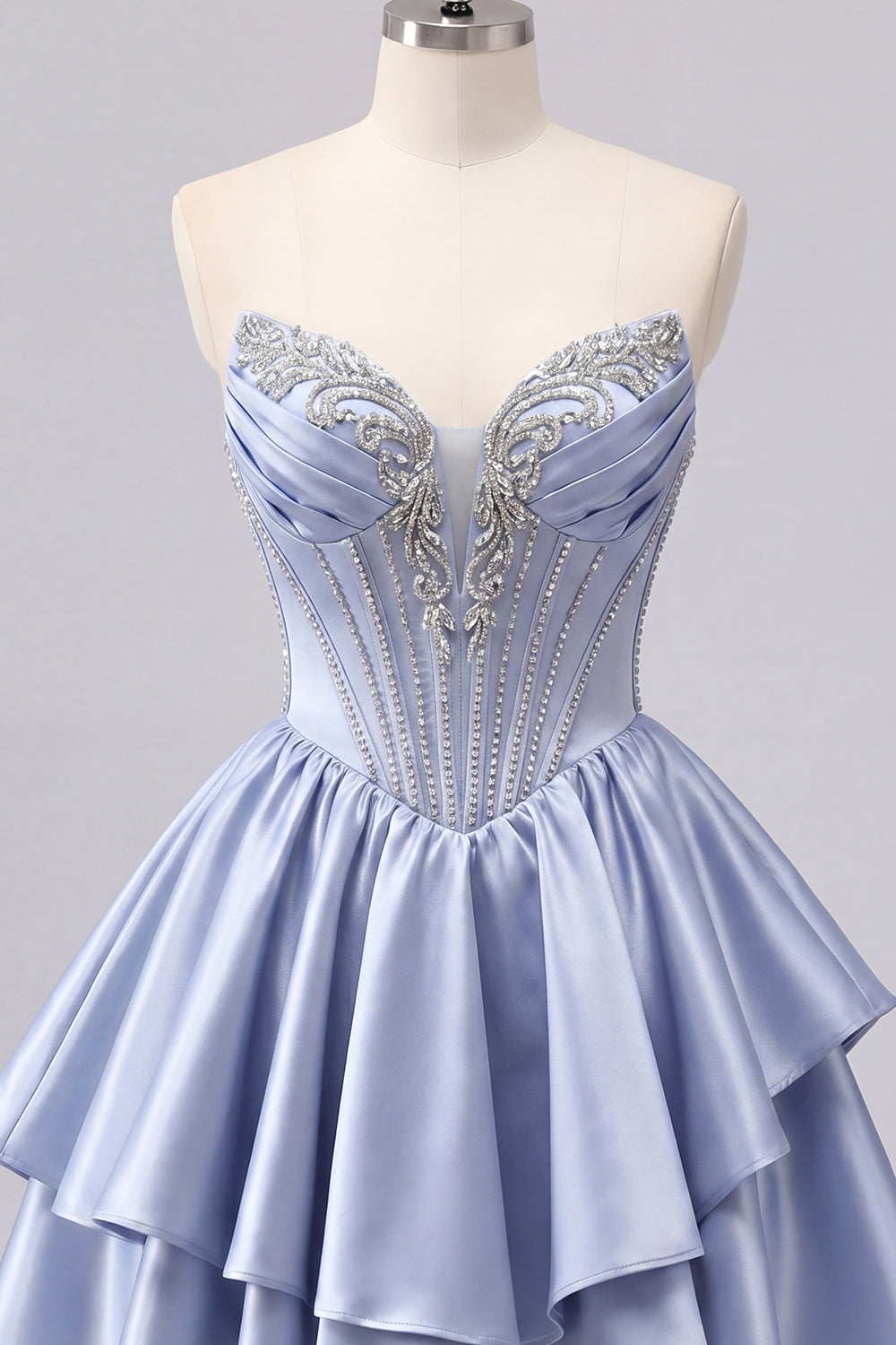 Sparkly Grey Blue Short A Line Corset Beaded Homecoming Dress with Ruffles