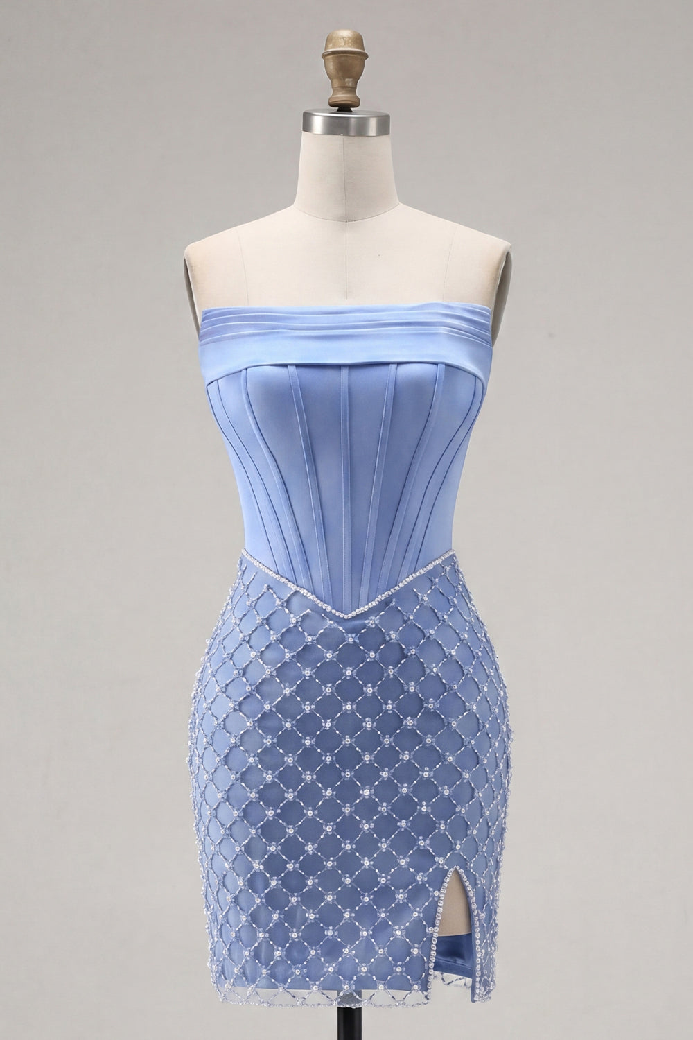 Blue Corset Tight Short Strapless Homecoming Dress with Pearls