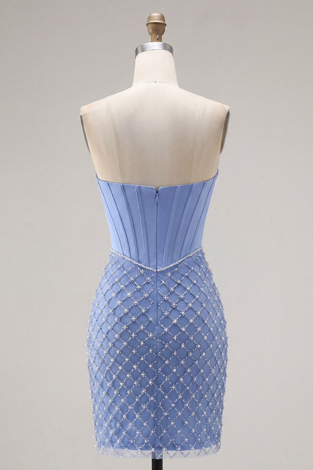 Blue Corset Tight Short Strapless Homecoming Dress with Pearls