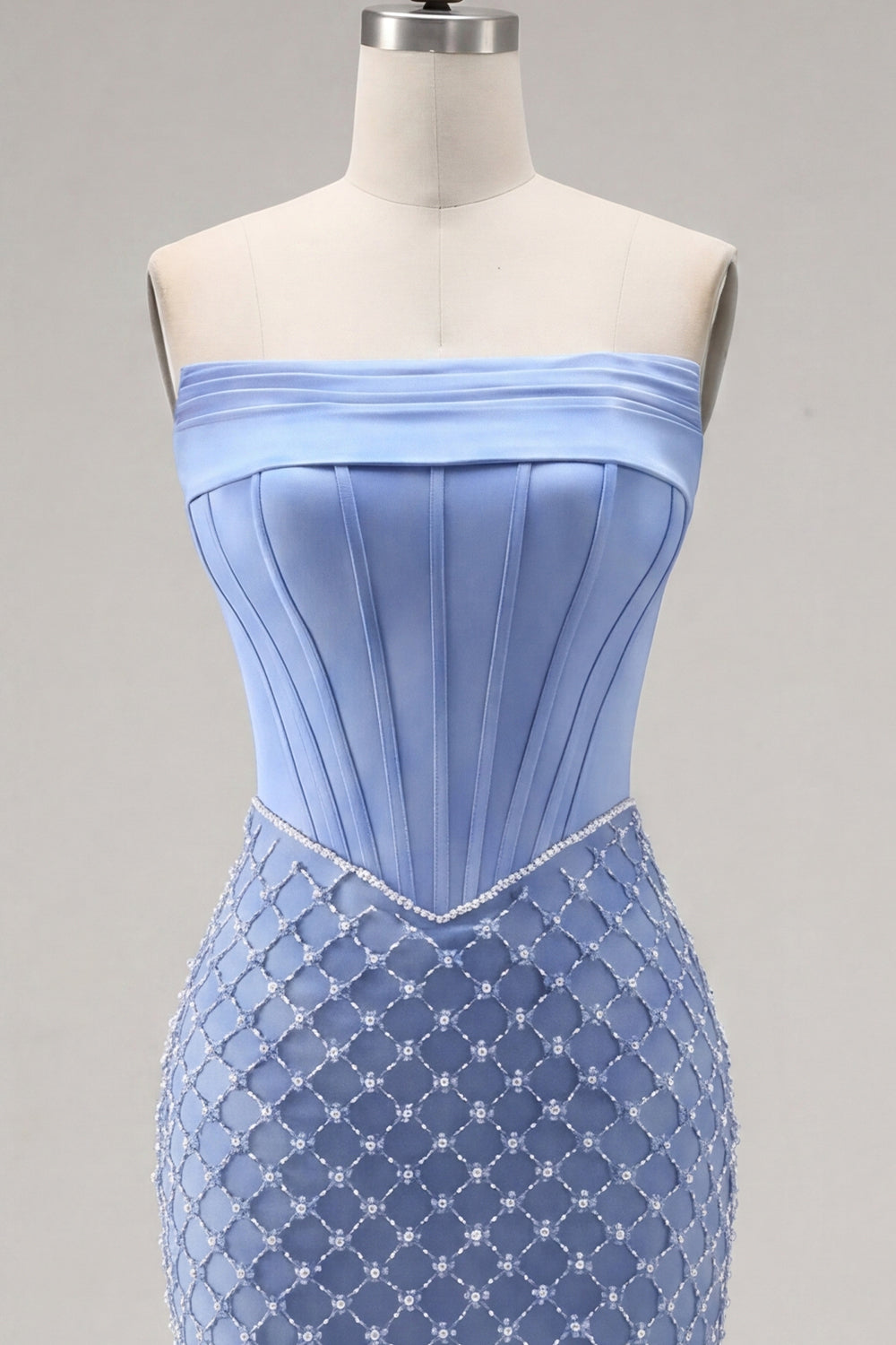 Blue Corset Tight Short Strapless Homecoming Dress with Pearls