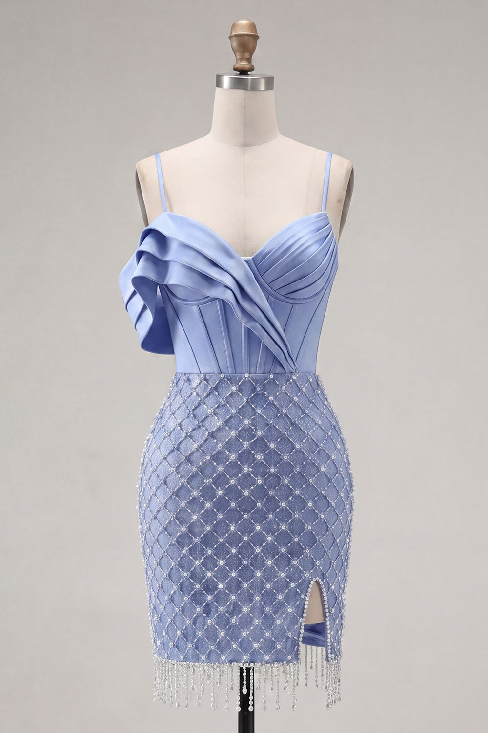 Blue Corset Tight Ruffled Short Fringed Homecoming Dress with Pearls