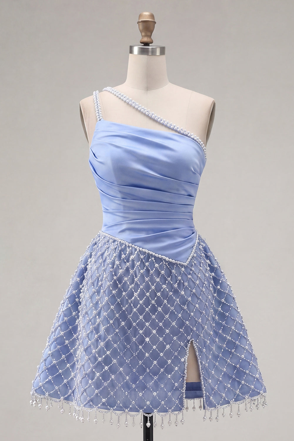 Blue One Shoulder A Line Short Ruched Homecoming Dress with Pearls