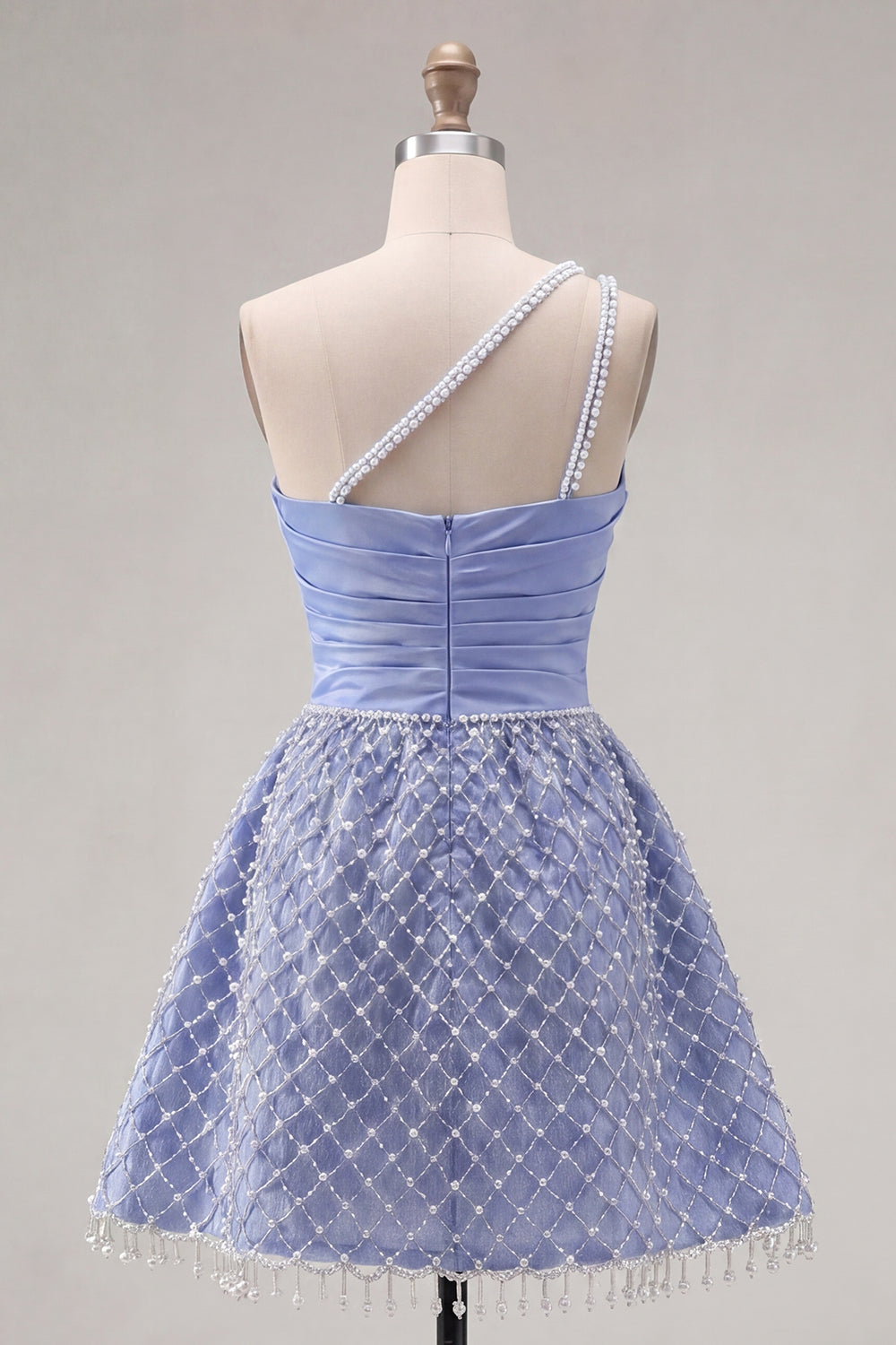 Blue One Shoulder A Line Short Ruched Homecoming Dress with Pearls