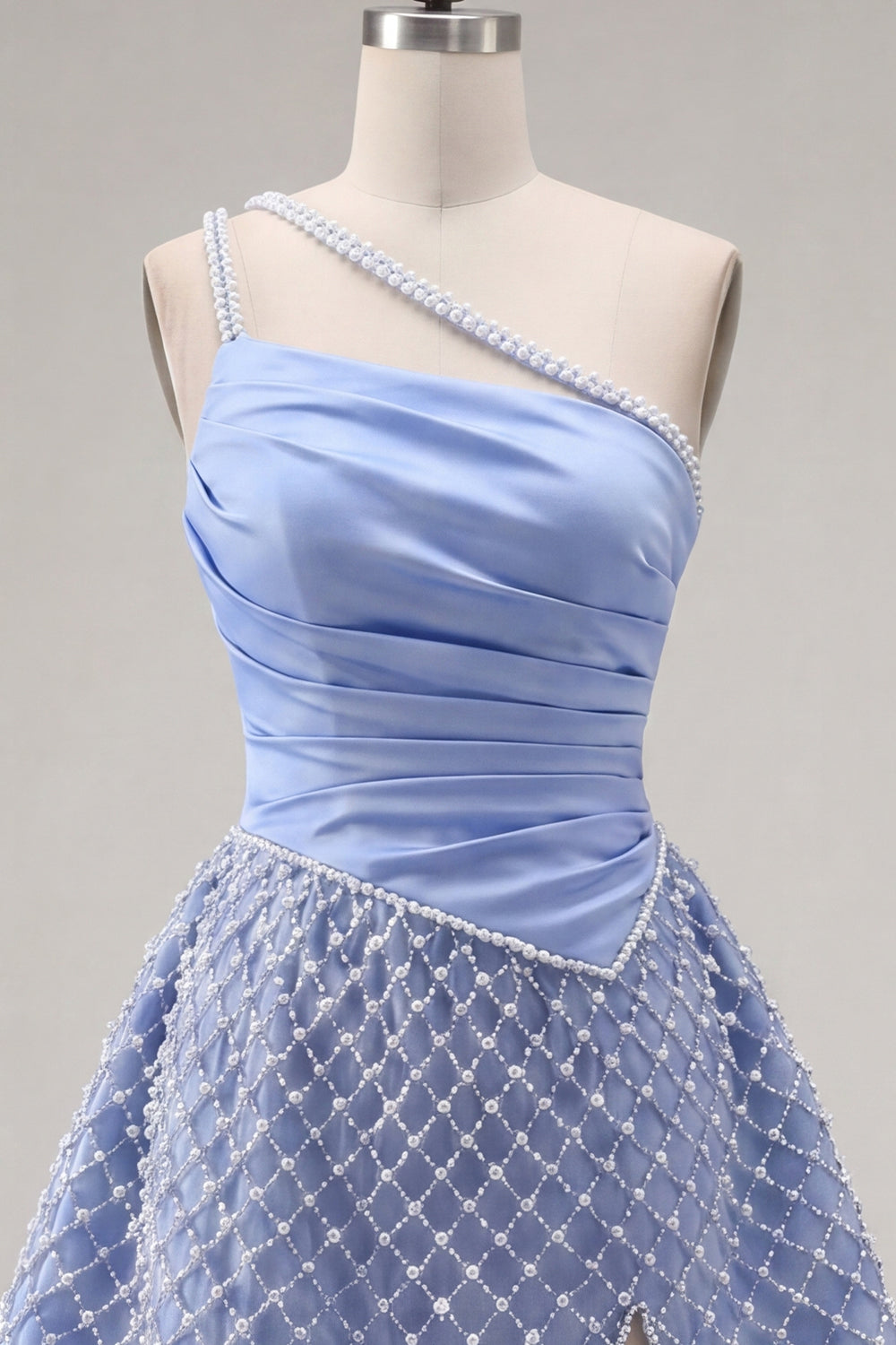 Blue One Shoulder A Line Short Ruched Homecoming Dress with Pearls