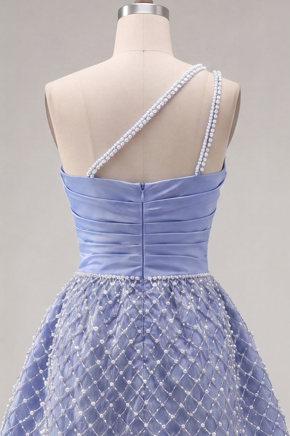 Blue One Shoulder A Line Short Ruched Homecoming Dress with Pearls
