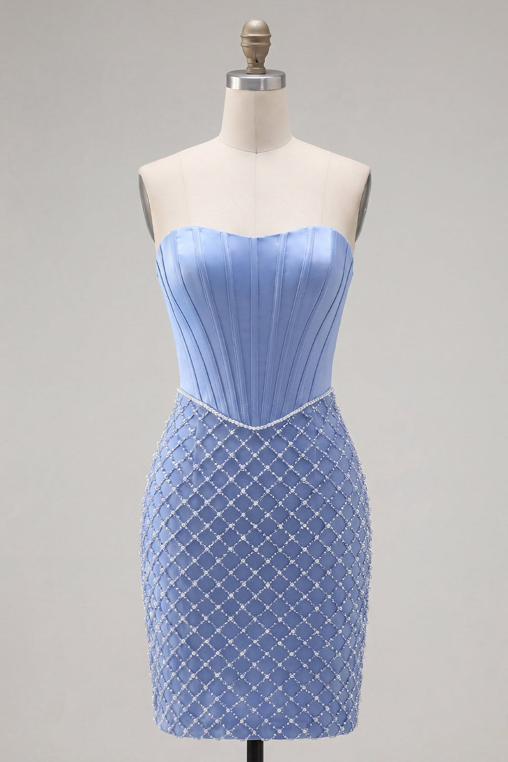 Blue Corset Tight Short Strapless Basque Waist Homecoming Dress with Pearls