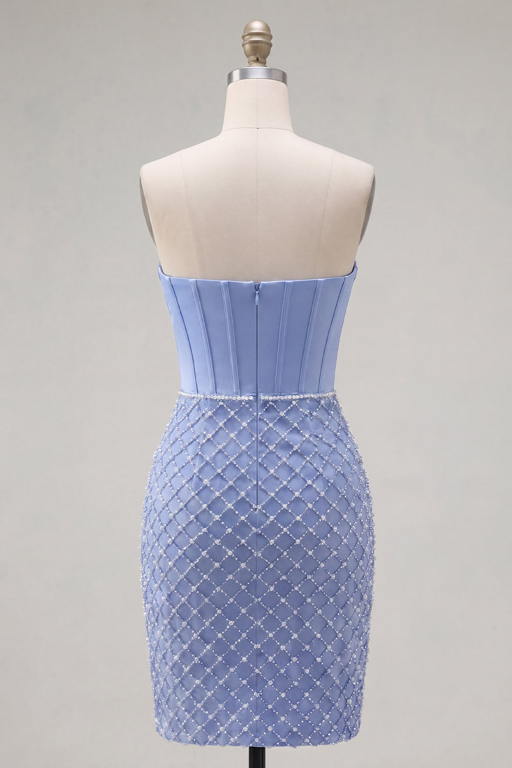 Blue Corset Tight Short Strapless Basque Waist Homecoming Dress with Pearls
