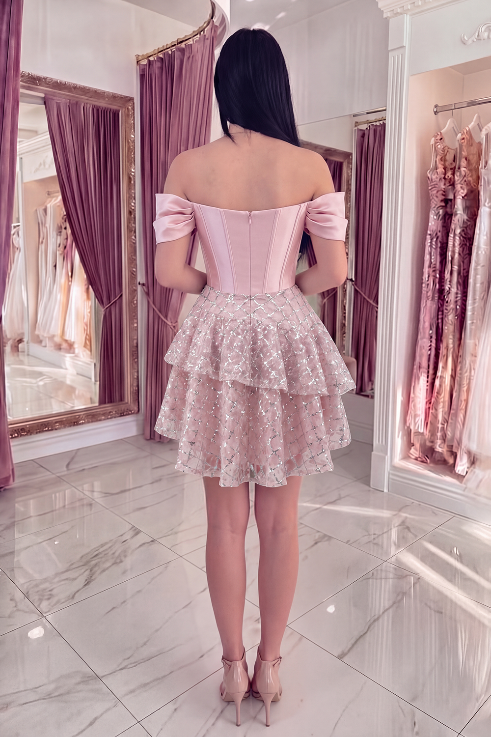 Sparkly Blush Corset Beaded Short A Line Homecoming Dress with Ruffles